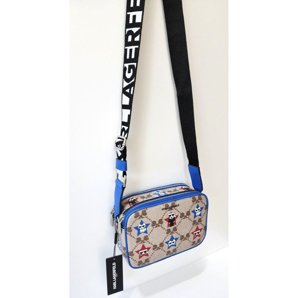 KARL LAGERFELD PARIS MAYBELLE Graphic Blue Crossbody Double Zip UNISEX NWT!